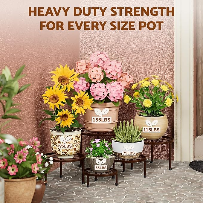 5-Pack Decent Metal Plant Stands, Heavy Duty Flower Pot Stands for Multiple Plant, Anti-Rust Iron Plant Pot Shelf, Decoration Racks for Home Indoor and Outdoor(BrownS)