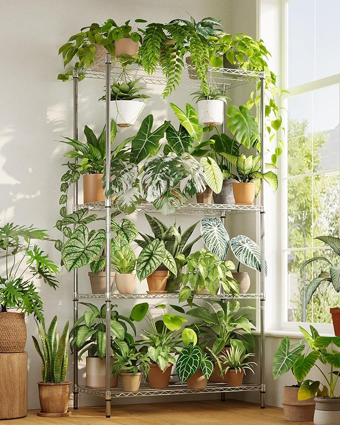 Plant Shelf Large Plant Stand Indoor Outdoor 4 Tier Metal Shelving for Plants Heavy Duty Metal Plant Stand Storage Shelf DIY Adjustable Plant Stands Sturdy Space Saving 3000lbs Tall Outdoor Plant Holder for Greenhouse Balcony Garden Patio