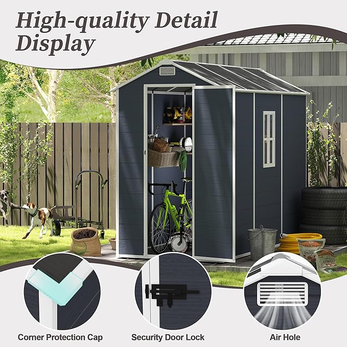 Resin Storage Shed 8x4ft, Outdoor Storage Sheds with Floor, Window, Lockable Doors and Vents, 12mm Thick pp Board, Tool Shed for Bike, Garden, Backyard, Lawn (Dark Gray, 4 * 8ft)