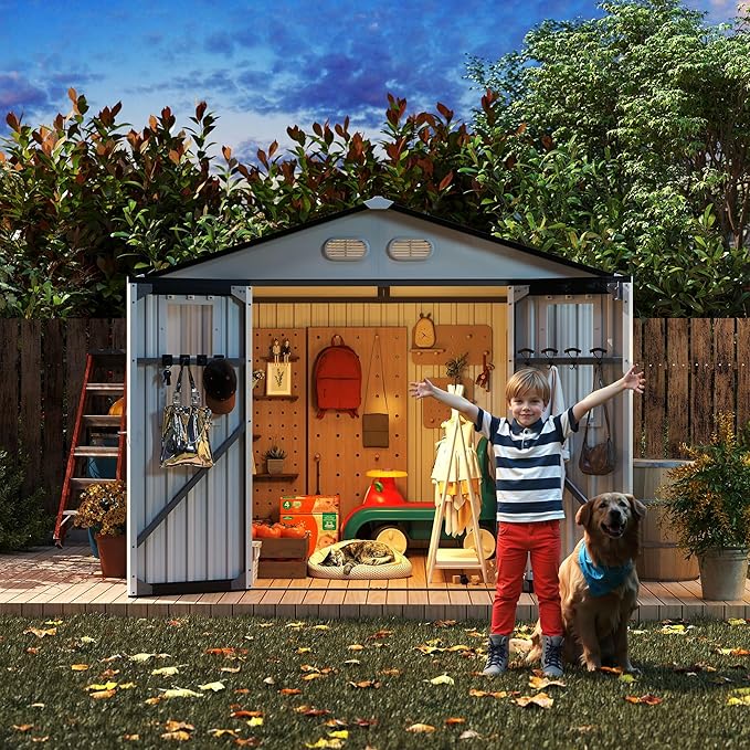 8x8 SF Outdoor Storage Shed,Metal Shed with Lockable Doors & 4 Daylight Windows,Garden Tool Shed w/Air Vents & Sloped Roof, Ideal for Backyard,Patio,Lawn,White