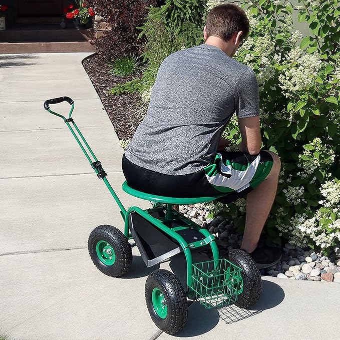 Sunnydaze Garden Seat with Wheels - Rolling Gardening Seat - Garden Stool on Wheels with Adjustable Handle and Utility Tray - Green