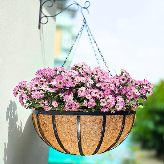 LaLaGreen Outdoor Hanging Baskets for Plants (4 Pack, 18 Inch) Extra Large Black Metal Flat Iron Hanging Planter with Coco Liner Round Flower Pot Holder Deck Porch Modern Garden Balcony Rustic Decor