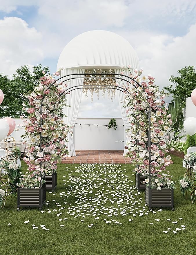 94.5 Inch Garden Arch Trellis with 2 Planter Boxes for Climbing Plants, PE Coated Metal Wedding Arch Arbor with Planter Box for Outdoor Decor, Party Backdrop & Flower Support