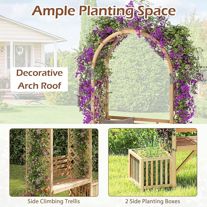 Happygrill Garden Arbor with Bench & 2 Planter, Wooden Garden Arch for Climbing Plants w/Love Seat, 2 Trellises & Planting Box to Grow Grapes & Vines, 2-Person Outdoor Wood Seating for Patio, Backyard