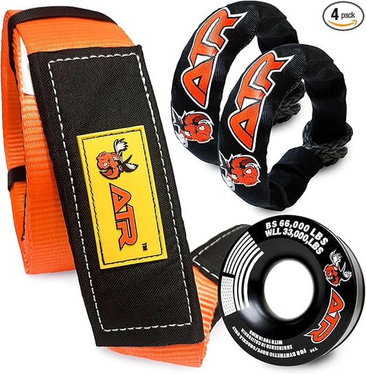 ATR Off-Road Recovery Kit – Tree Saver Strap 3.5”x8ft (36,000 lbs) + (2) ½”x24” Soft Shackles + Recovery Ring (66,000 lbs) – Heavy Duty Tow Strap Set for Truck, Jeep, SUV, 4x4, ATV