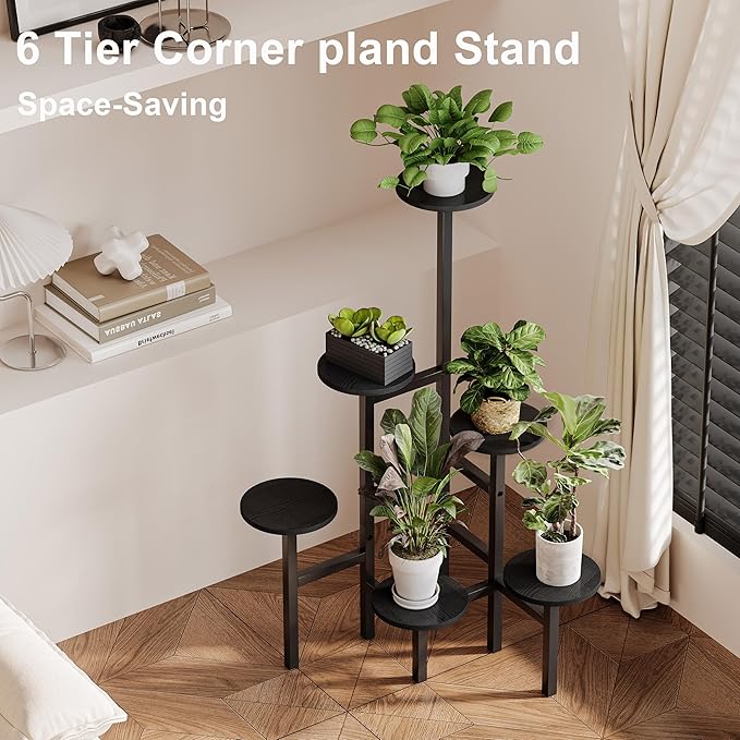 6 Tier Corner Plant Stand Indoor Outdoor, Tall Large Plant Shelf for Multiple Plants, Tiered Flower Pot Holder, Metal Display Plant Shelves for Living Room, Balcony, Patio, Garden (Black)GPS514B