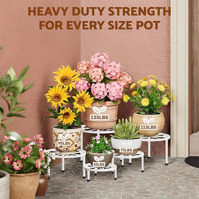 5 Pack Plant Stand Indoor Outdoor,Heavy Duty Black Iron Potted Stand Holder,Anti-Rust Iron Flower Pot Stand Decoration Racks Plant Display Shelf for Living Room, Garden, Balcony(WhiteS)