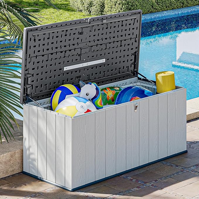 AOXUN Horizontal Storage Sheds 21 Cu.ft, HDPE Outdoor Storage Box 160 Gallon, Waterproof Lockable Resin Deck Box with Spring-Assisted Lid, Patio Storage for Garden, Pool, Cushions, Tools, White