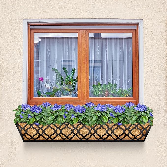 Y&M 6pcs 30 Inch Window Deck with Coco Liner, Fence Metal Hanging Flower Planter Window Basket Deck Railing Planter Boxes for Outdoor Garden Lawn,