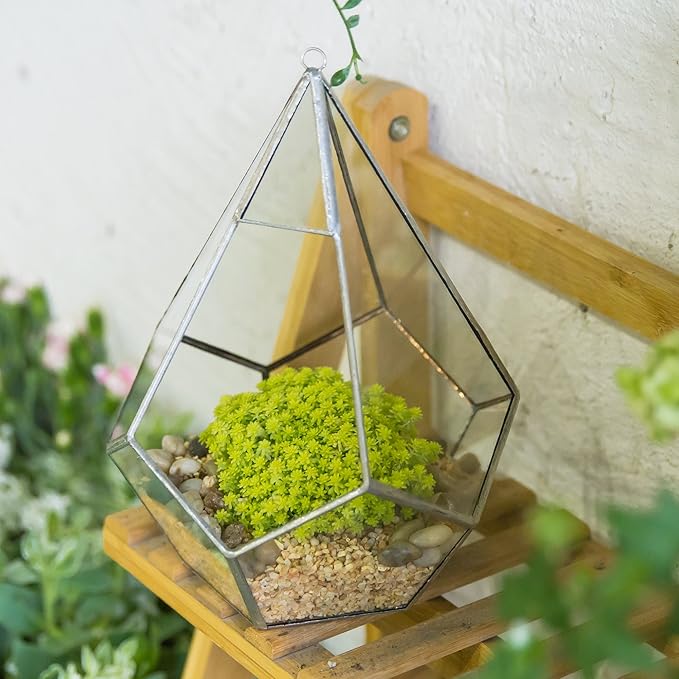 NCYP Silver Hanging Glass Geometric Terrarium, 6.8 x 6.8 x 8.6 Inches Teardrops Shape Display Planter for Succulent Air Plants, Indoor Decor Flower Holder, Handmade (NO Plants)