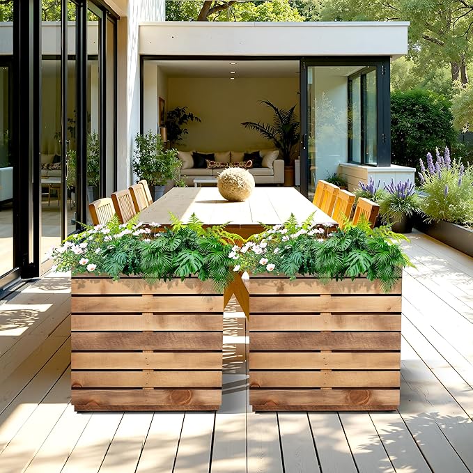 FENCY Metal Planter Box, Large Rectangular Planters for Outdoor Plants, Outdoor Tall Planters with Drainage Holes, Walnut Finish Metal Planters (17″ × 17″ × H18″)