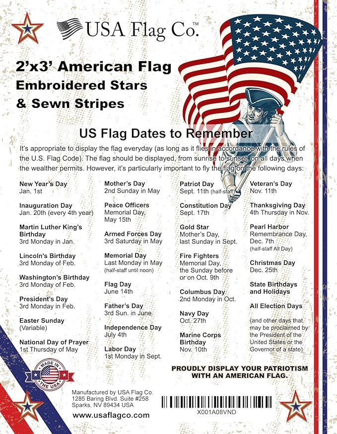 US Flag by USA Flag Co. (Made in USA) The BEST 2x3 Embroidered Stars and Sewn Stripes American Flag - 2 x 3 ft.