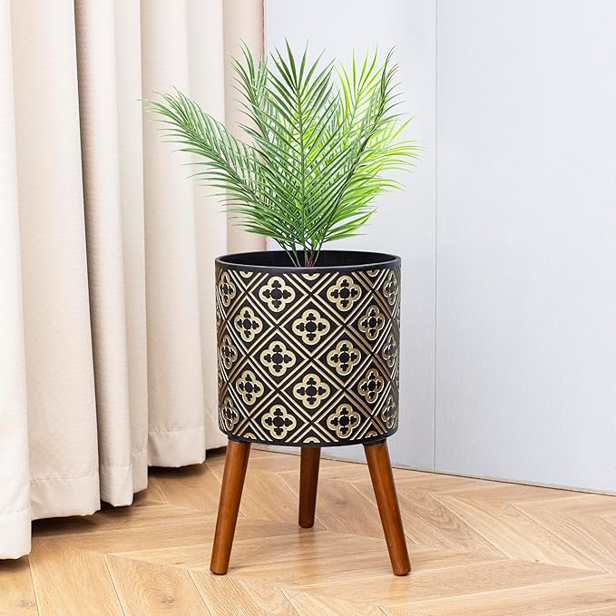 nacltlo12 Inch Plant with Stand Planter for Indoor Plants Large Modern Mid-Century Plant Pots Indoor Outdoor with Drainage for Home Garden Patio,Black and Gold