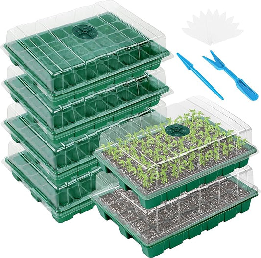 Elcoho 6 Pack Seed Starter Tray Kit 40 Cells Seedling Trays with Humidity Dome and Base Mini Propagator Plant Nursery Pots Total 240 Cells for Greenhouse Plants Growing, Green