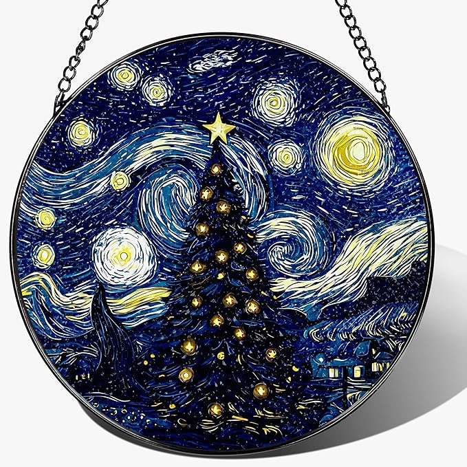 8-Inch Starry Night Christmas Tree Suncatcher Ornament, Stained Glass Window Hanging & Stained Glass Holiday Ornament, Sun Catcher Window Decor, Van Gogh’s Keepsake, Gifts for Christmas & Holidays