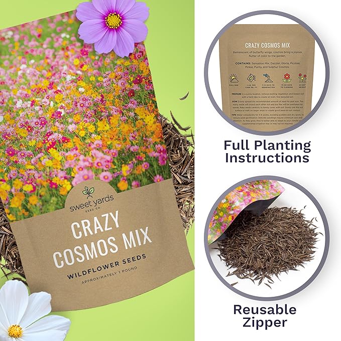 Bulk Cosmos Seeds Wildflower Mixture - 5 Pounds - Over 400,000 Seeds - Pink, Yellow, Orange, Red, Purple and White Mixed Species!