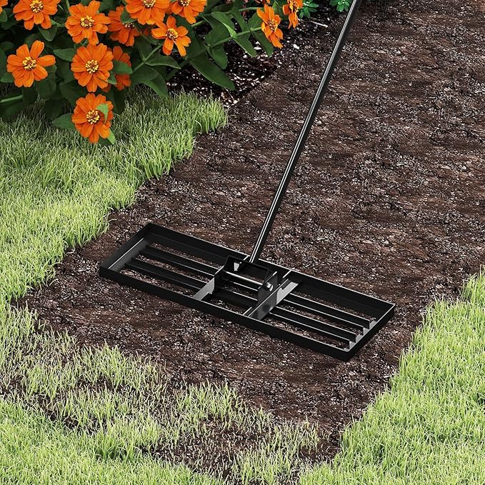 30" x 10" Lawn Leveling Rake, Heavy Duty Landscape Rake with 67" Handle, Non-Slip Grip & Flat Head, Space-Saving Lawn Level Tool for Garden, Backyard, Golf Course & Sports Field(Black)