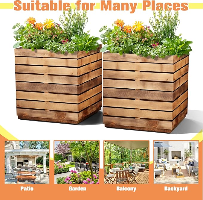 FENCY Metal Planter Box, Large Rectangular Planters for Outdoor Plants, Outdoor Tall Planters with Drainage Holes, Walnut Finish Metal Planters (17″ × 17″ × H18″)