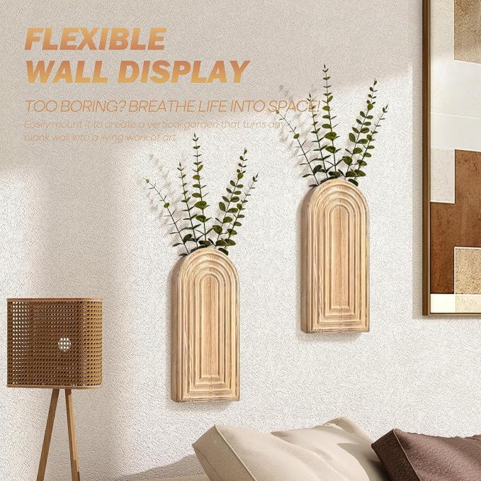 EOSAHR Pine Wood Set of 2 Wall Vases – Farmhouse Wall Decor for Bedroom, Living Room, Bathroom & Office – Hanging Planters for Indoor Plants with Best Boho Decor (Natural Wood)