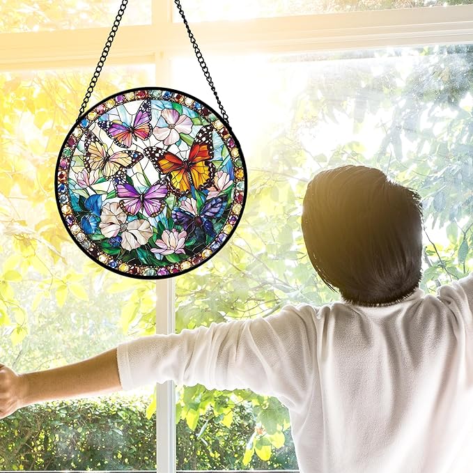 Stained Glass Window Hanging, Colorful Butterfly Suncatcher for Doors Home Sun Catchers Decoration and Christmas, Mother's Day Birthday Gifts for Women, Men, and Mom 11.8x11.8 in