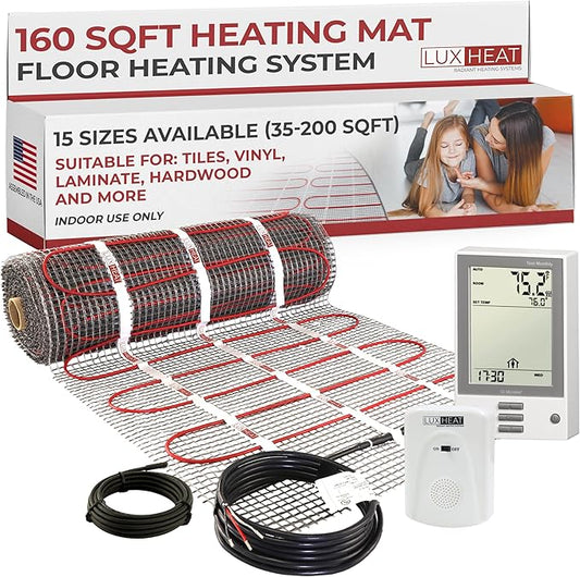 LuxHeat 160 Sqft Mat Kit, 240v Electric Radiant Floor Heating System for Under tile, Stone and Laminate. Kit Includes Alarm, Heated Floor Mat, UDG OJ Microline Programmable Thermostat w/GFCI & Sensor