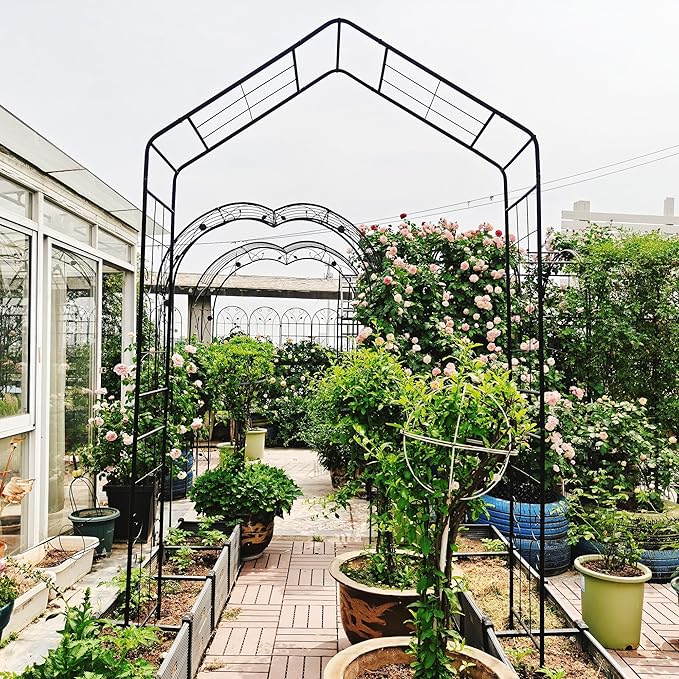 Garden Arbor, 8FT Metal Arbor Trellis for Climbing Plants Outdoor, Black Garden Archway for Lawn, Patio and Backyard, Wedding Arches for Ceremony