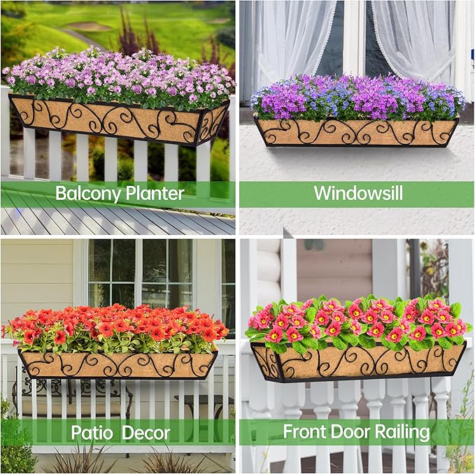 Y&M 30 Inch Butterfly Window Deck with Coco Liner, Fence Metal Hanging Flower Planter Window Basket Deck Railing Planter Boxes for Outdoor Garden Lawn 2pcs