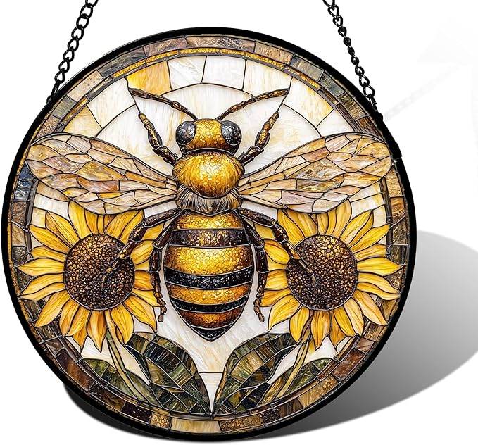 Stained Glass Window Hanging - Bee Sunflower Yellow Suncatcher Ready to Hang Window Doors Home Decoration and Christmas, Mother's Day Birthday Gifts for Women, Men, and Mom 11.8x11.8 in