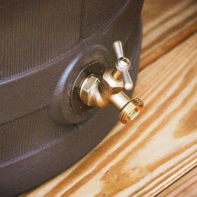 Good Ideas 50 Gallon Large Faux Wood Plastic Rain Water Barrel Collector with Brass Spigot for Rainwater Collection and Storage, Oak, 2 Pack