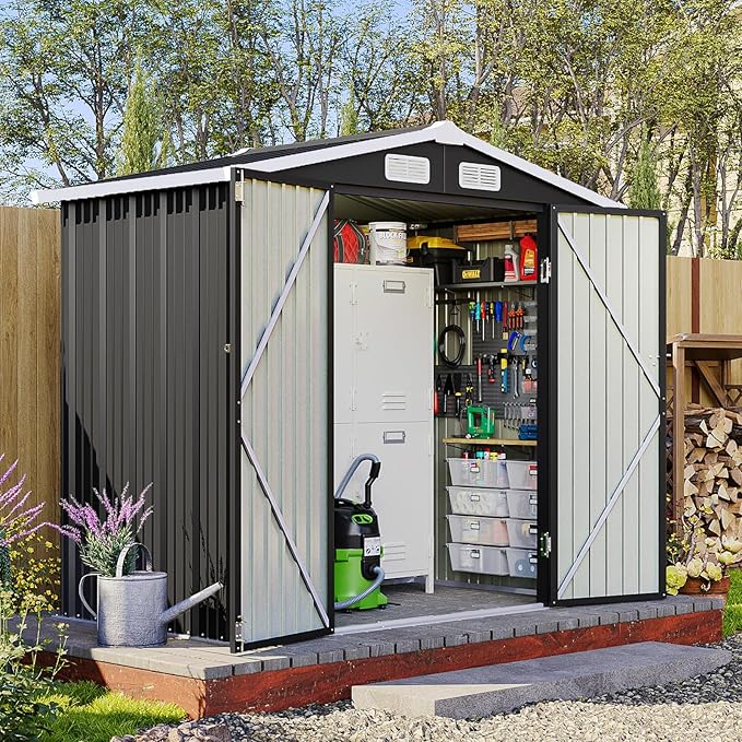 6x4 FT Outdoor Storage Shed, Metal Garden Tool Shed with Sloping Roof & Lockable Door for Patio Lawn Backyard (Black)