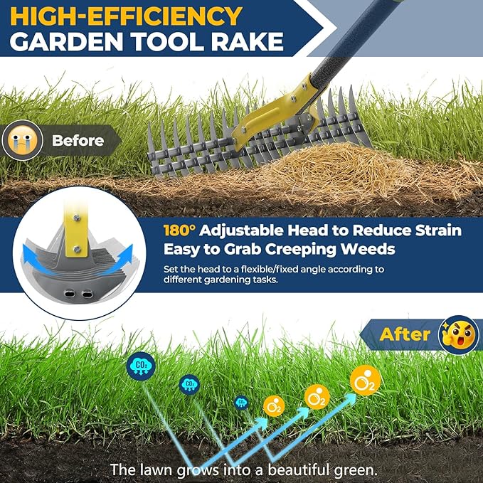 Rake, 51" Heavy Duty Metal Dethatcher Rake with 15" Wide Double-Edged Sharp Tines Thatch Rakes for Lawns,Dead Grass Removal,Soil Loosening,Lawn Care, Dethatching,Yard,Garden
