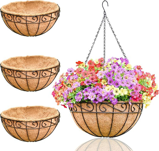 Hanging Planters for Outdoor Plants 4 Pack 14 inch Metal Hanging Flower Basket with Coco Coir Liner Wire Plant Holder Watering Flower Baskets Pot Hanger Garden Decoration for Indoor Outdoor(HBL)