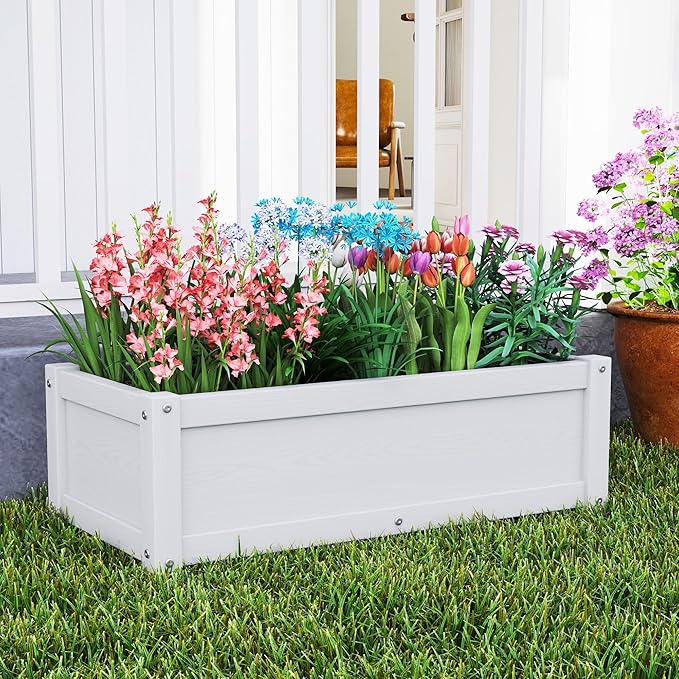 HDPE Raised Planter Box Outdoor,Rot-Resistant and Non-Cracking,Raised Beds for Gardening 29.5 * 14.4 * 9.8 in for Yard,Lawn,Outdoor Planter Boxes Rectangle with Drainage Holes White