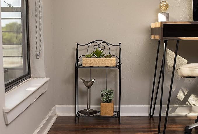 BIRDROCK HOME 2-Tier Metal Tiny Plant Stand Shelf - Decorative Mediterranean Scroll Design - Lightweight Folding - Black Metal Holder Rack - Indoor or Outdoor Use - Great for Small Spaces - Small