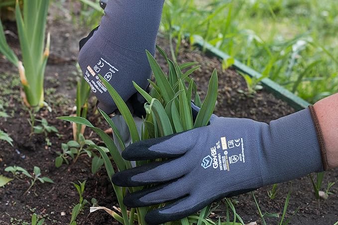 12 Pairs Nylon Work Gloves, Nitrile Micro Foam Slip Resistant Coating on Palm, Smart Touch, Grey (Medium)