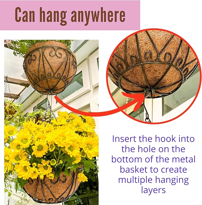 LaLaGreen Hanging Baskets for Plants (14 Inch, 6 Pack) Hanging Flower Pots with Coco Liner, Black Metal Wire Round Basket Plant Holder with Hanger Hook Chain, Outdoor Patio Deck Balcony Garden Decor