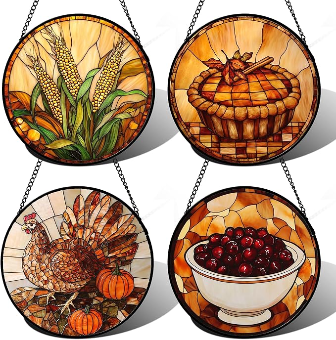 Stained Glass Window Hanging 4 Pcs Set Brown Turkey Berry Corn Large 15" - Suncatcher Door Garden Sun Catcher Decor Birthday Thanksgiving Mother's Day for Mom Woman Nana Men