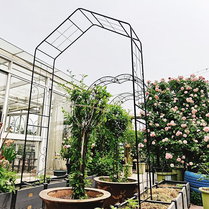 Garden Arbor, 8FT Metal Arbor Trellis for Climbing Plants Outdoor, Black Garden Archway for Lawn, Patio and Backyard, Wedding Arches for Ceremony