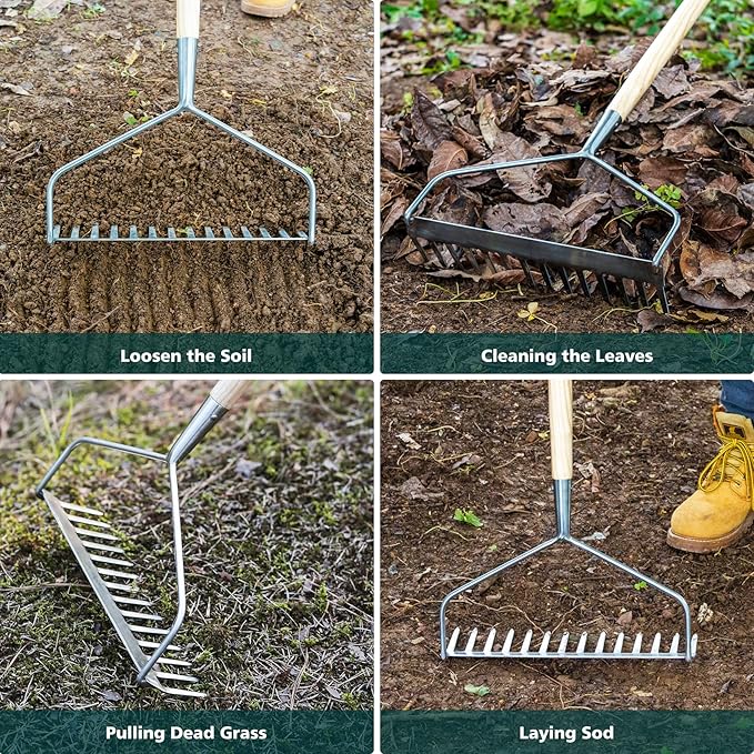 Berry&Bird 14 Tines Bow Rake for Gardening, 63-inch Garden Rakes Heavy Duty with Wooden Long Handle Stainless Steel Hard Rake for Lawn Loosening Soil, Weeding, Cleaning Leaves & Grass Cultivator Tool