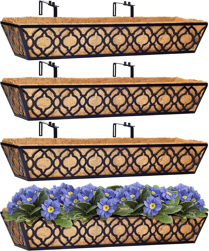 Y&M 30 inch Window Planter Box 4Pcs Iron Window Deck Railing Planter with Coco Liner, Metal Horse Troughs Fence Planter for Outdoor Balcony Rail Fence Porch Patio