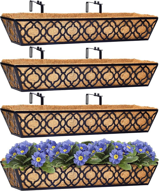 Y&M 30 inch Window Planter Box 4Pcs Iron Window Deck Railing Planter with Coco Liner, Metal Horse Troughs Fence Planter for Outdoor Balcony Rail Fence Porch Patio