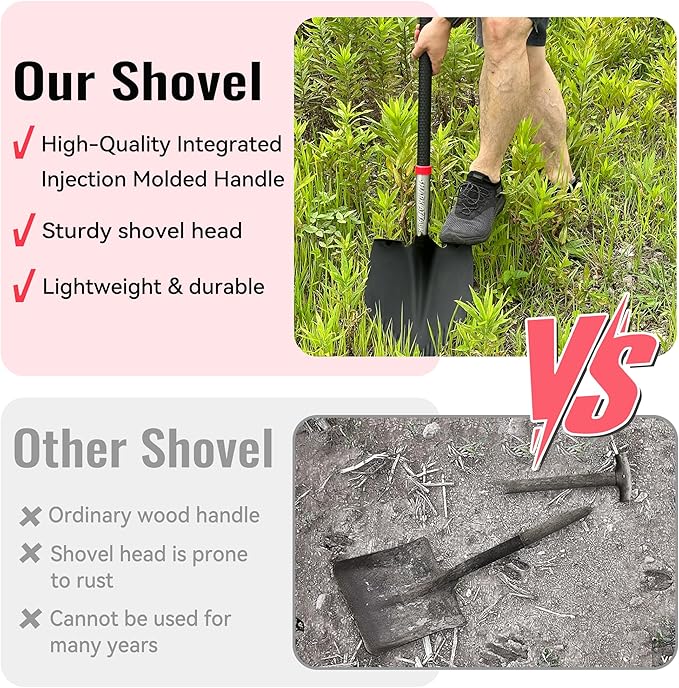 SHARK ATTACK Heavy Duty Garden Shovel 43.3 inch with D-Grip Handle, 10.04'' Serrated Steel Blade for Digging and Landscaping, Beach Shovel, Car Snow Shovel