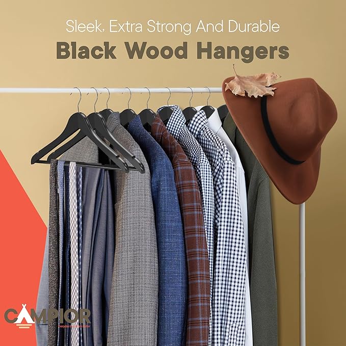 Black Wooden Hangers 60 Pack – Heavy-Duty with 360° Swivel Hook, Non-Slip, Pants Bar & Shoulder Grooves - Wooden Hangers for Suits, Jackets, Dresses & Camisoles, Space-Saving and Smooth Finish