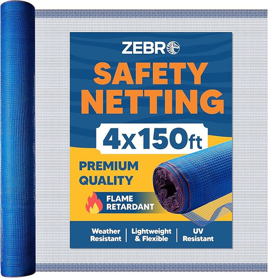 Fire Retardant Debris Safety Netting (4' x 150' - Blue) - High Visibility Construction & Scaffolding & Railing & Elevator Netting for Enhanced Safety - Construction Fencing
