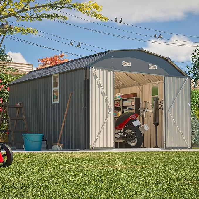 10×12 FT Outdoor Storage Shed,Heavy-Duty Metal Shed with Floor Base,All Weather Waterproof Tool Shed W/Diamond Roof & Windows,Lockable Double Door & 4 Air Vents,for Backyard,Patio,Lawn,Gray