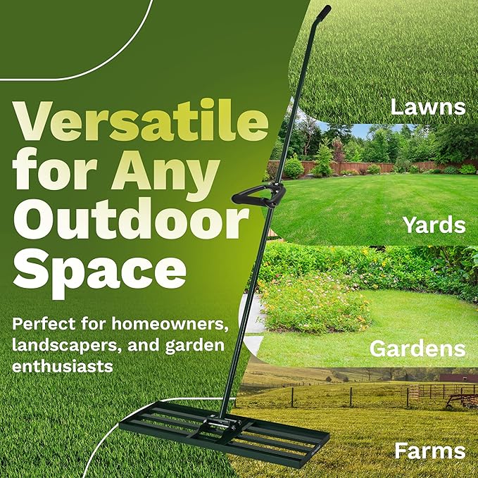 Lawn Leveling Rake 30x10 inch, Anti Flip - Heavy Duty Leveling Tool, Steel Handle, and Rake Head– Includes Gloves, Planting Mat, and Garden Shears – Yard Leveler for Lawn Garden, Soil, Sand, and Grass