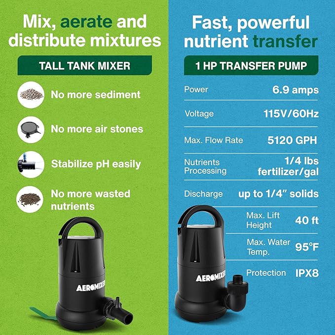 Aeromixer Tall Tank 3/4 HP Submersible Mixing + Aerating Pump with 1 HP Water Transfer Pump Bundle - Water Aerator & Garden Utility Pumps, Nutrient Mixing & Aeration Pumps for Farming & Gardening