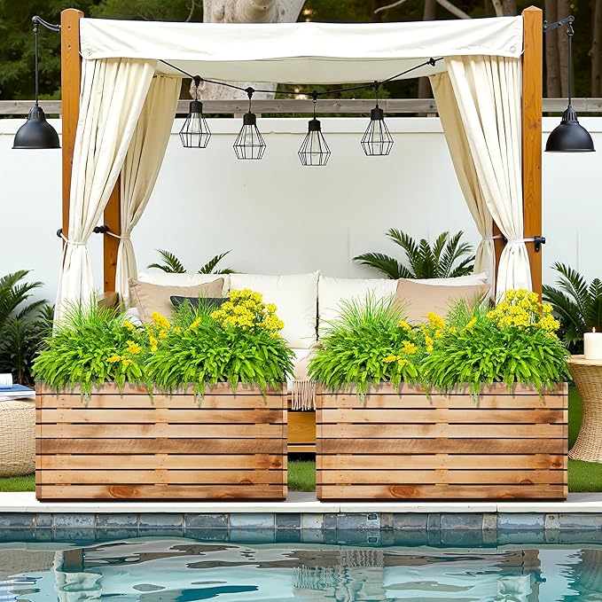 FENCY Large Metal Planter, Large Rectangular Planters for Outdoor Plants, Tall Outdoor Planters for Porch Patio, 32" L x 15" W x 16.3" H Walnut Finish Metal Planter with Drainage Hole