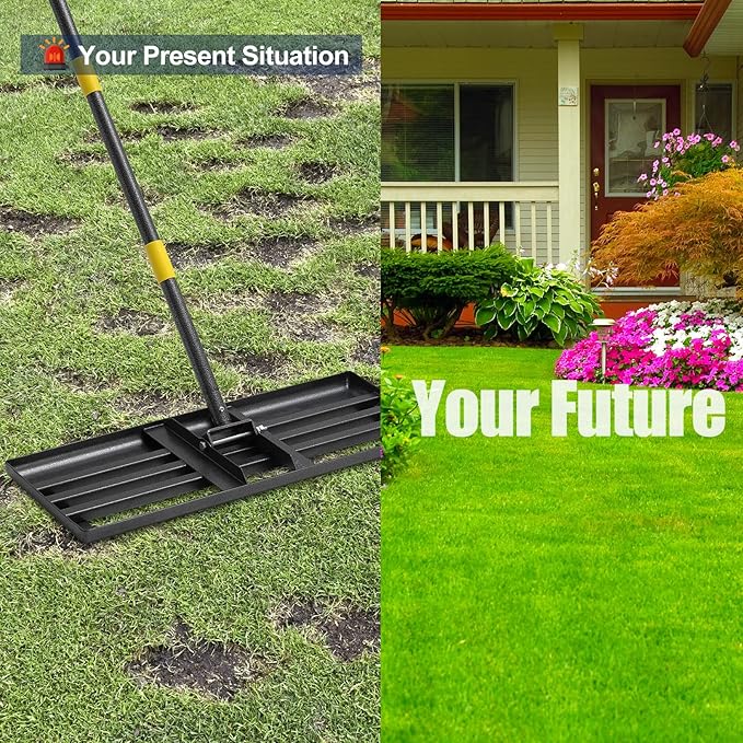 Professional Lawn Leveling Rake 30x10in - Heavy Duty Leveling Tool with 72in Adjustable Stainless Steel Handle | Golf Field Sand Spreader, Football Pitch Grass Leveler | Rustproof Turf Grading Rake