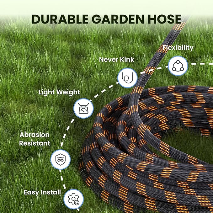 Giraffe Tools Non-Expandable Garden Hose 75FT 1/2” Lightweight Flexible Water Hoses Burst 600 psi with 9 Spray Function Nozzle Heavy Duty Hose